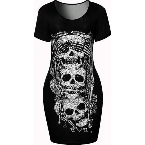 Dresses For Women Loose Short Sleeves Skull Printed Summer Vintage Mini Package Hip Dress M Vestidos Verano Платье Sukienka