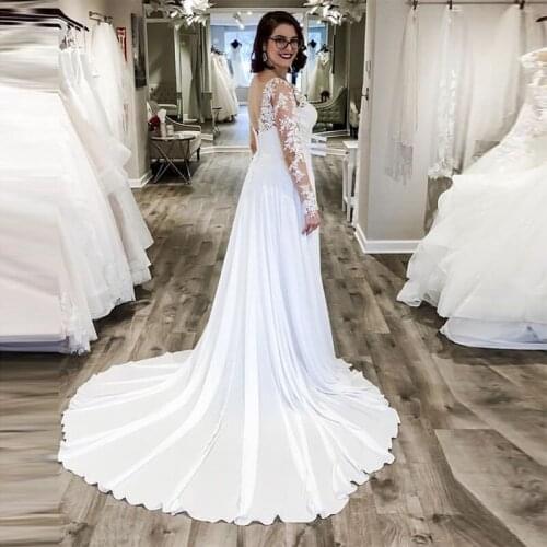 Simple Chiffon V-Neck Long Sleeve Wedding Dresses Lace Applique Chapel Train Zipper Bridal Dress Custom Made