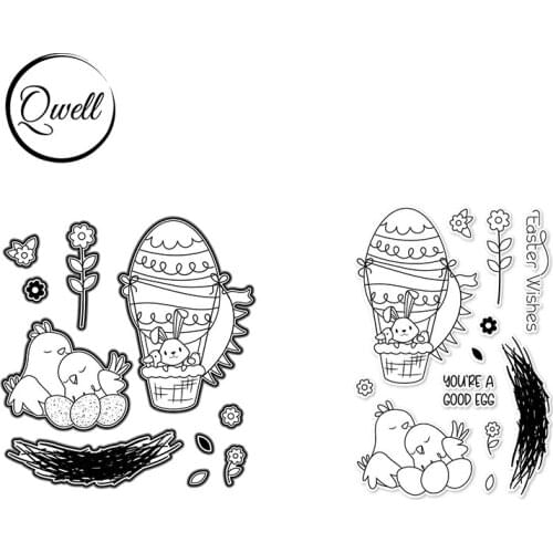 QWELL Cutting Dies with Clear Stamps Set Bunny Chicken Hot Balloon Flowers Easter Wishes DIY Scrapbooking Craft Paper Cards