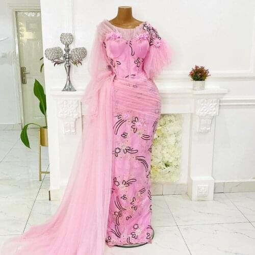 Pink Mermaid Evening Dresses With Embroidery Appliques Flowers Short Sleeves Plus Size Prom Dress For African Dubai Wmen Gowns