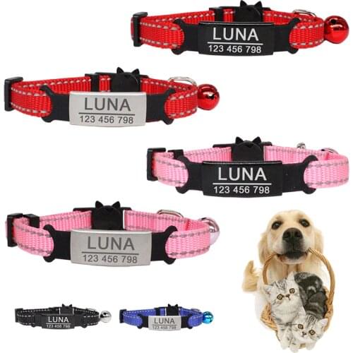 Reflective Nylon Collar Custom Personalized ID Free Engraving Cat Small Dog Nylon Adjustable for Puppy Kittens Necklace