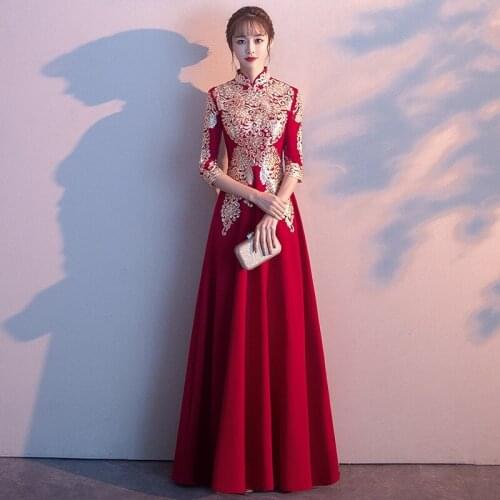 Red Embroidery Chinese Traditional Wedding Party Cheongsam Oriental Style Evening Dress Women Elegant Qipao Long Gown Retro
