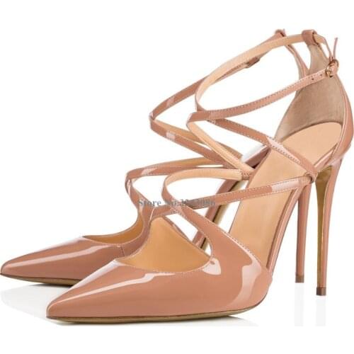New Arrival Pointed Toe Cross Tied Thin High Heel Pumps Nude Red Black Patent Leather Stiletto Heel Shoes Basic Dress Shoes