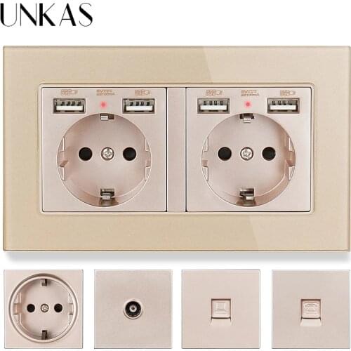 UNKAS EU French Socket With Dual USB Port + TV RJ11 Telephone RJ45 Internet Computer Jack 146mm * 86mm Gold Glass Panel Outlet