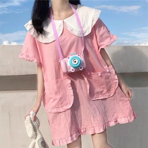 Skirt Womens 2020 Summer New Japanese College Style Sweet Pink Loose Midi Doll Collar Dress sweet lolita dress