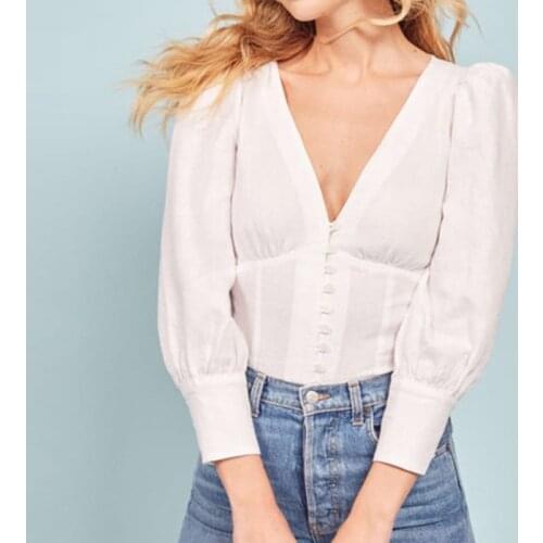 100% Linen New White Deep V-neck Retro Puff Sleeve Long Sleeve Single Breasted All-match Shirt for Women