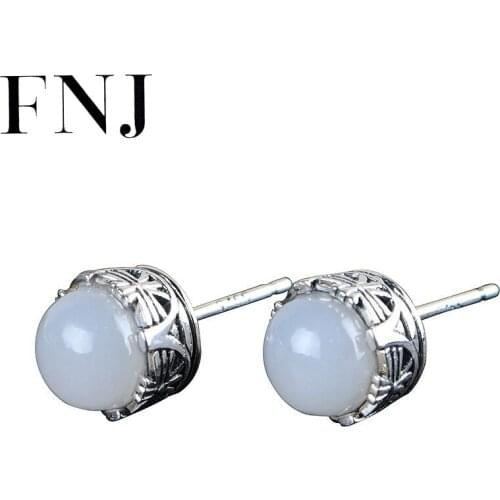 FNJ Natural Hetian Jade Earrings 925 Silver Original Pure S925 Sterling Silver Stud Earring Women Jewelry