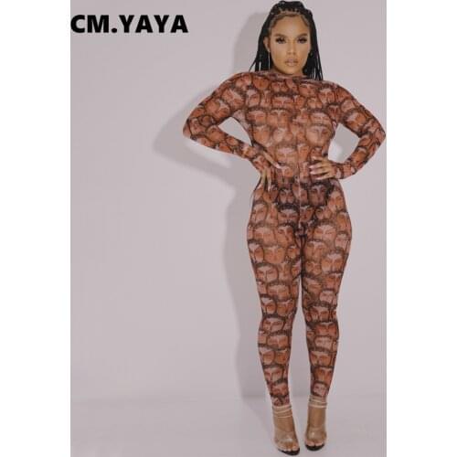 CM.YAYA Women Jumpsuit Print Mesh See-through Full Sleeve O-neck Stretchy Skinny Bodycon Pencil Jumpsuits Sexy Outfit Autumn