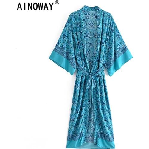 Vintage chic Women Green Floral Print Sashes bohemian Kimono Ladies V Neck batwing Sleeves bikini cover-ups Boho Maxi robe