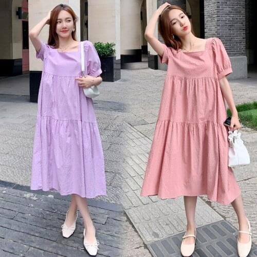 71373# Maternity Dress Summer Cotton Short Sleeves Loose Stylish A Line Dress Pregnant Women Mom Dress