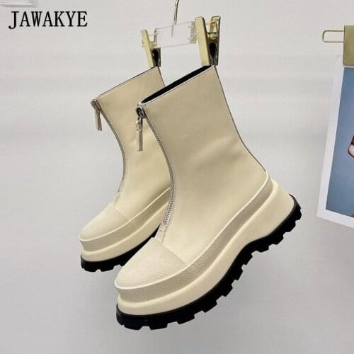 Beige Leather Platform Short Boots Women Shoes 2021 Autumn Front Mid Zipper Decor Thick Sole Martin Boots Street Round Toe Boots