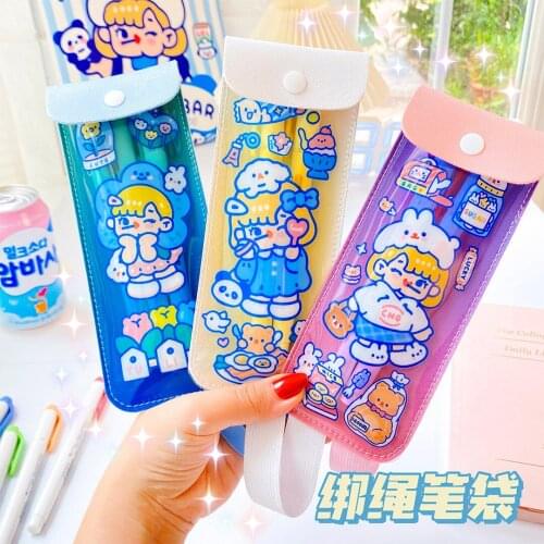 Strap Pencil Case Cute Waterproof Transparent PVC Pencil Holder Student Stationery School Supplies Pen Storage Back To School