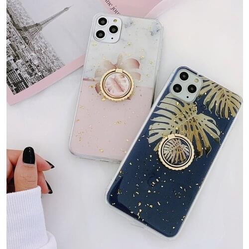 Tropical Leaves Gold Foil Phone Case For iPhone 11 Pro Max XS Max XR X 7 8 Plus 6 6S Plus Cases Leaf Back Cover with Finger Ring