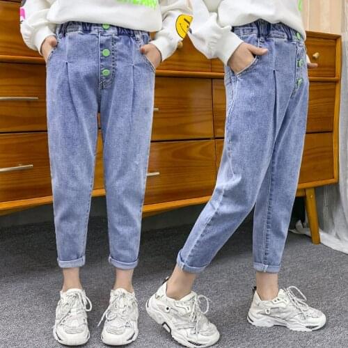 Jeans Girl Blue Color Jeans Girls 2021 Newest Teenager Pencil Pants with Three Button Casual Childrens Clothing 6 8 10 12 14Yrs