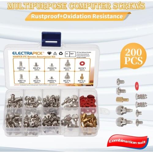 ELECTRAPICK 200pcs Computer Screws Kit for Motherboard PC Case Fan CD-ROM Hard Disk Notebook Metic Nut and Bolt Assortment