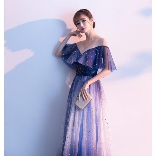 Elegant Evening Dresses V-Neck Party Dress 2019 Full Length Blue and White Gradient