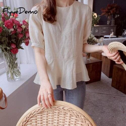 Linen Womens Blouses Pleated Solid Color Half Sleeve Casual Tops Blouse Ruffles Dames Blouses Lange Mouwen Blusas Ladies Tops