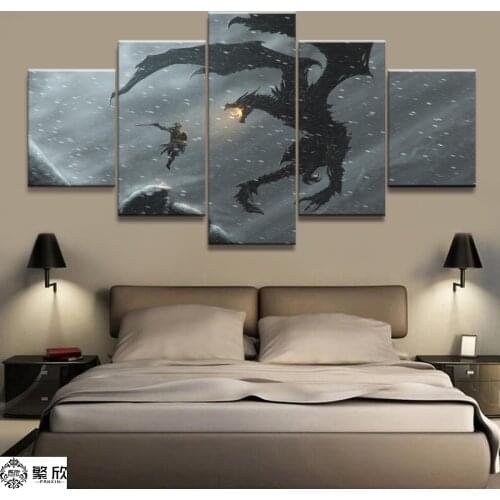 Home Decor Modular Canvas Picture 5 Piece Elder Scrolls V Skyrim Game Painting Poster Wall For Home Canvas Painting Wholesale