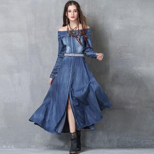 Spring Fall 2019 New Womens Slash Neck Long Sleeve Sash Slim Denim Long Dress , Female Woman Bleached Fashion Blue Jeans Dresses