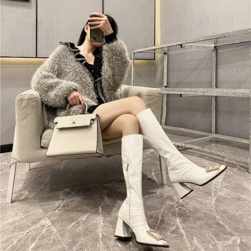 New Diamond Buckle Thick Heel Boots Patent Leather Stone Grain Square Toe WomenS Boots Side Zipper High-Tube Fashion Boots