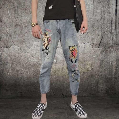 Wholesale 2020 teenagers Graffiti pattern teenagers Denim jeans mens social spirit guy Korean style street hip hop harem pants