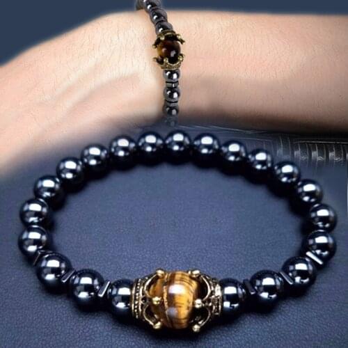 Luxury Crown Natural Tiger Eye Charm Stone Bracelets Men Antique Evil Eye Bracelet Jewelry Gift Women Gemstone Bracelet