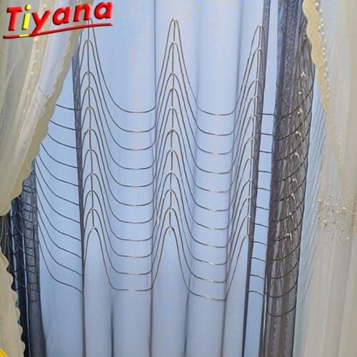 Luxury Embroidered Pearls Tulle Curtains for Living Room White/Grey Geometry Yarn Window Drapes for Bedroom W-ZH468#30