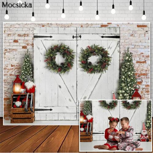 Christmas Winter Photography Backdrops Vintage Wooden Door Red White Brick Wall Decorations Photocall Background Photo Studio