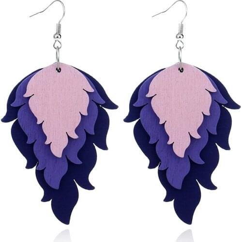 Handmade Wooden Leaves Feather Shaped Earrings For Girl Personality 3 Layers 4 Colors For Choose Wholesale Jewelry, Item: JY4515