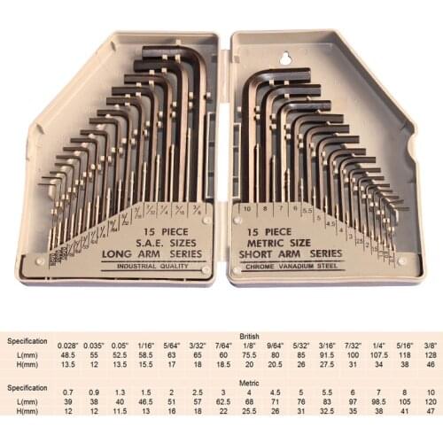 30Pcs Wrench Set Hex Key Allen Wrench 0.028"- 3/8" Inch & 0.7mm-10mm Metric Size Chromium-vanadium Steel Spanner Long Arm Tool