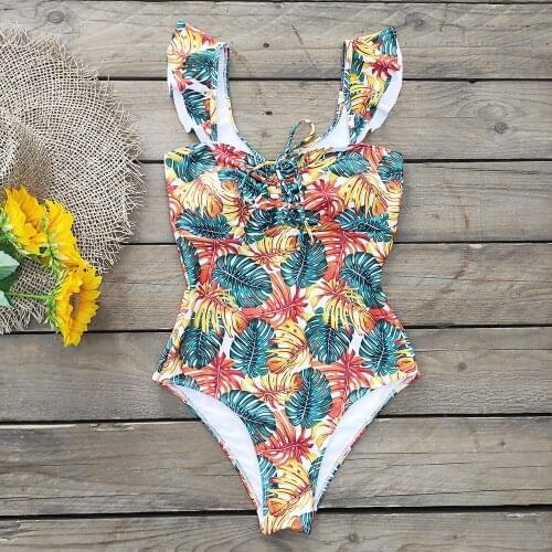 Print One Piece Swimsuit 2021 Ruffle Plus Size Swimwear Women Wrap Backless Monokini Sexy Flounce Beachwear Floral bañadores