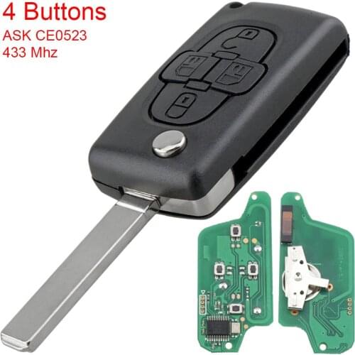 ASK 433Mhz 4 Button Flip Folding Remote Key Fob Control with ID46 Chip VA2 Blade CE0523 Auto Key Fit for Peugeot 1007 Citroen C8