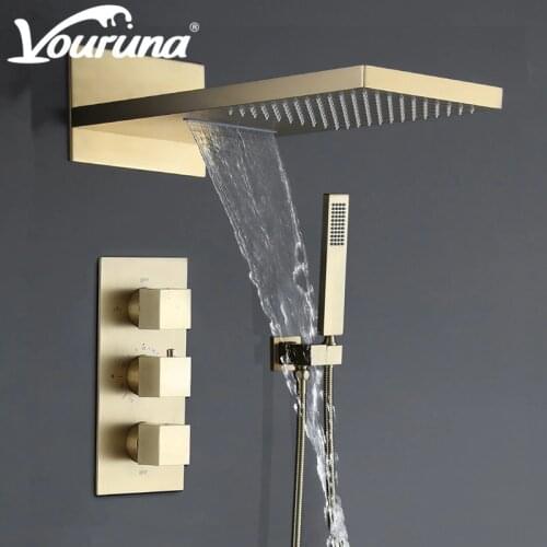 VOURUNA Waterfall Thermostatic Concealed Bathroom Shower System Wall Mounted Bathing Shower Faucet Mixer Tap Brushed Golden