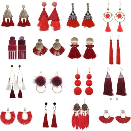 Yumfeel Bohemian Big Tassel Earrings Statement Red Tassel Vintage Silk Fabric Drop Dangle Earring for Women Jewelry