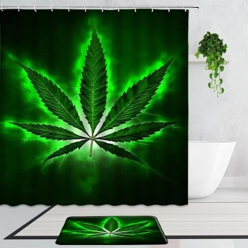 Green Leaf Shower Curtains Simple Art Plant Flowers Bathroom 2-Piece Set Non-Slip Carpet Mats Bath Curtain Home Decor With Hook