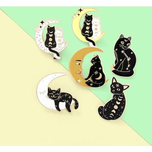 Witch Cats Brooches for Women Moon Phase Wizard Cat Enamel Pin Bag Lapel Pin Black Witch Metal Badge Jewelry Gift 2021 Wholesale
