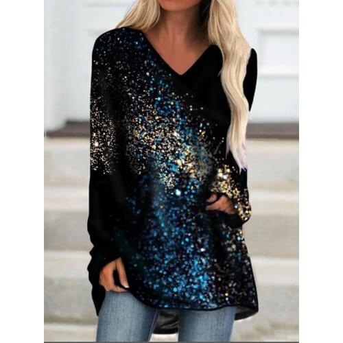 2021 Women Cat Starry Printed T Shirts Casual Loose Pullover Tunic Autumn New Fashion Streetwear V-Neck Batwing Sleeve Midi Tops