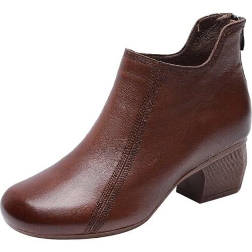 Spring and Autumn New Fashion Style Retro Leather Ladies Boots Mid-heel Soft Cowhide Thick Leather Rubbed Color Leather Boots