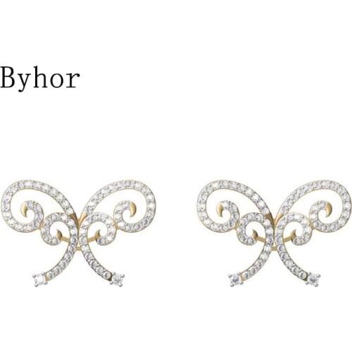Byhor Solid 14K White/Yellow+White/Rose+White Gold 2.12ct H/SI Diamond butterfly Kites Stud Earrings Women Cерьги Fine Jewelry