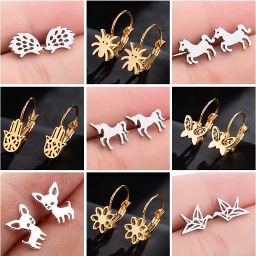 SMJEL Stainless Steel Hedgehog Spider Palm Horse Butterfly Dog Crane Flower Stud Earrings For Women