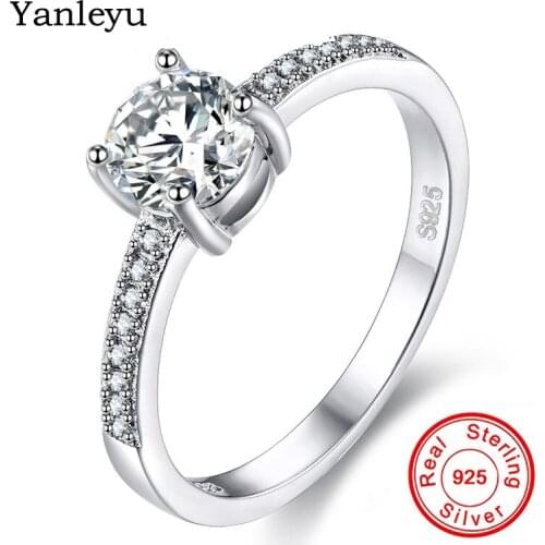Yanleyu Classic 1 Carat 6MM Round Cubic Zirconia Wedding Rings for Women Solid 925 Silver Engagement Jewelry Finger Ring PR037