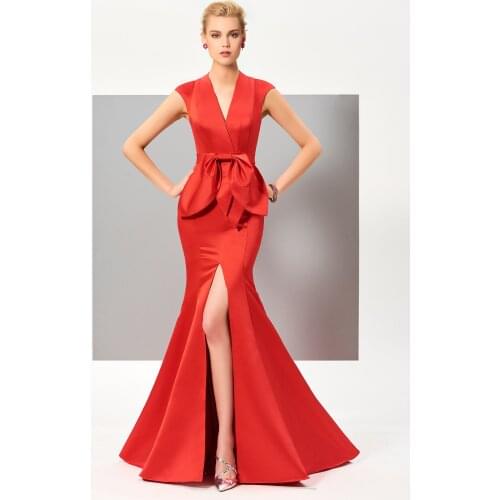 Tanpell Red V Neck Mermaid Evening Dress Simple Bowknot Draped Split-Front Long Women Formal Custom Evening Dress