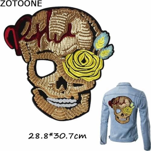 ZOTOONE Gold Sugar Skull Sequin Large Patches for Clothing DIY Punk Flower Sew on Embroidery Patches for Jackets Applique Badge