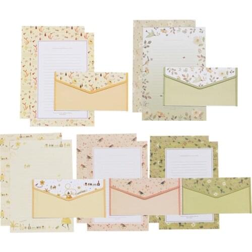 5 Sets/45pcs Flower Printing Envelope and Letter Paper Lovely Writing Stationery Envelopes Kit School Stationery for School