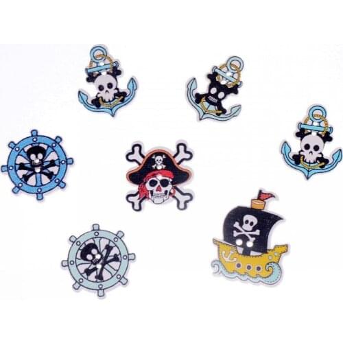 Free shipping 50 Random Mixed Lovely Pirate Style 2 Holes Wood Painting Sewing Buttons Scrapbooking F0905