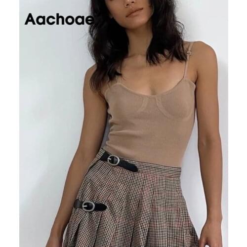 Aachoae Solid Color Women Sexy Spaghetti Strap Bodysuit Female O Neck Knitted Bodycon Overalls High Street Summer Bodysuits