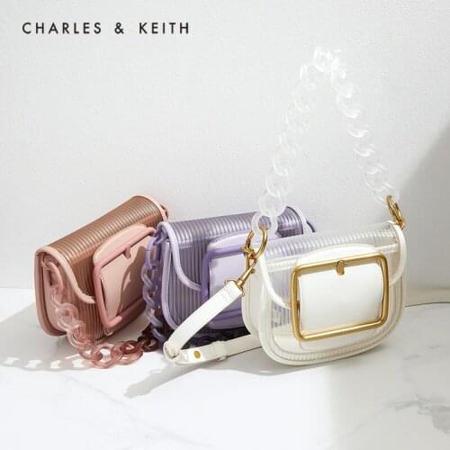 CHARLES＆KEITH New Arrival for Summer 2021 CK2-80270686 Ladies square buckle transparent crossbody saddle bag