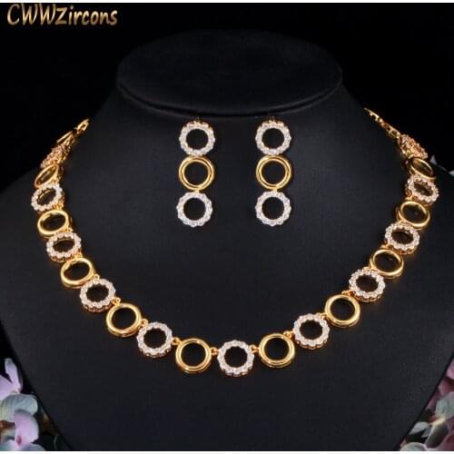 CWWZircons Round Cubic Zirconia Chain African Dubai Gold Color Women Wedding Necklace Earrings Jewelry Set for Brides T514