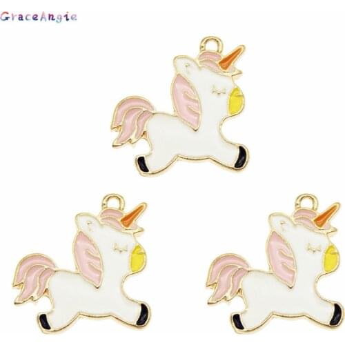 GraceAngie 5pcs/lot Enamel Pendant Alloy Unicorn Collars Animals Necklace Charms Earrings Accessories Handmade Lucky Jewelry