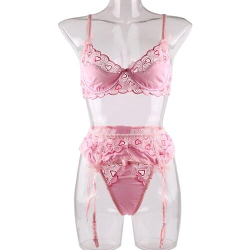 2021 summer new pink love flower embroidery thong garter belt three-piece sexy lingerie comfortable underwear set bra set
